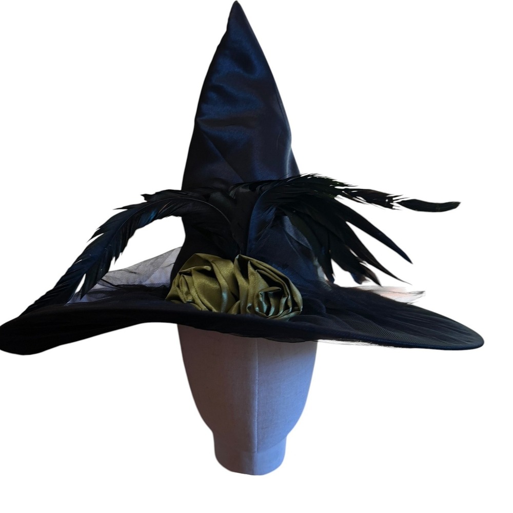 Vintage Fun World Black Pointed Witch Hat Feather Satin Rose Tulle Halloween NEW